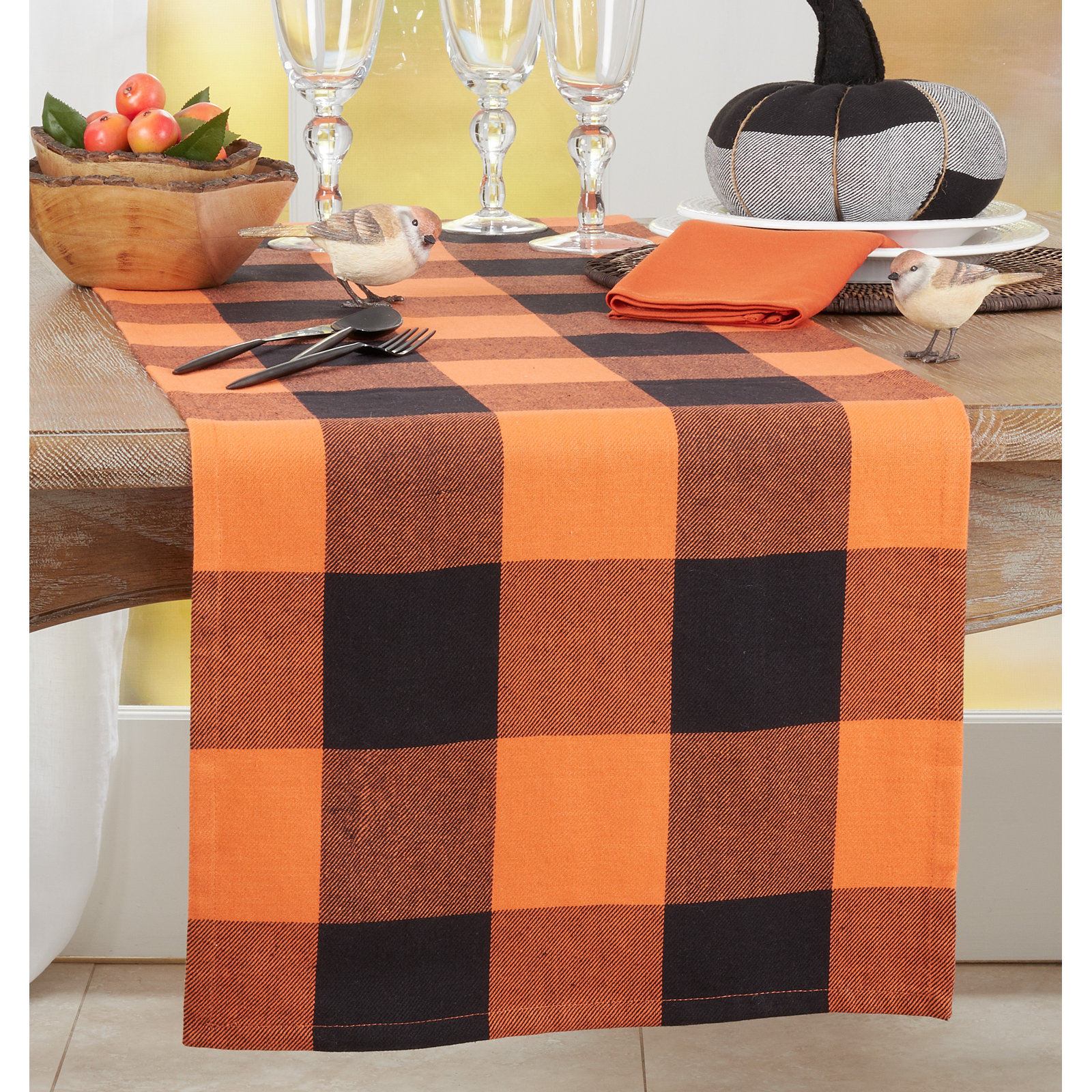 Harvest Buffalo Plaid Collection Plaid Table Runnner, 16" W x 90" L, Orange/Black