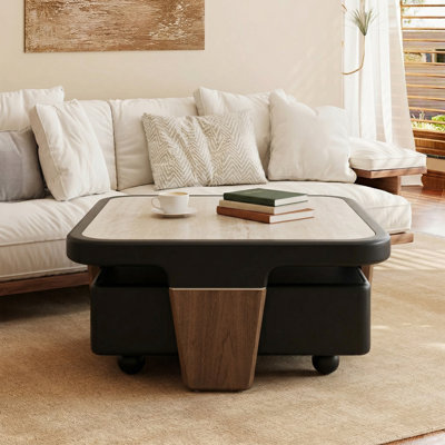 32" Modern 2-Piece Nesting Coffee Table Set with Travertine-Look Sintered Stone Top, Walnut Veneer and Hidden Storage