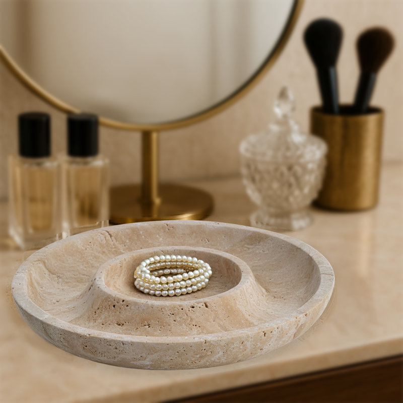 100% Marble Round Bathroom Tray, Beige