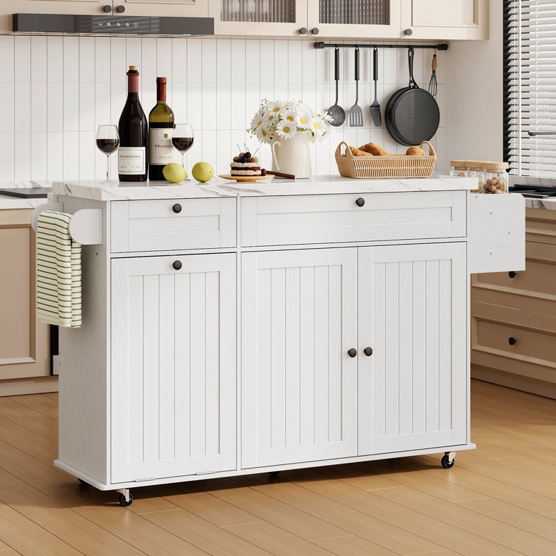 Îlot de cuisine l 60,2 po Jamera avec deux grands armoires de rangement et tiroirs, roues verrouillables, White