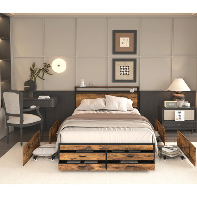 8 Queen Size Bed Frame With Led Headboard & Charging Connection, Metal Platform, No Box Spring, Quiet, Stable, Brown 8 Illuminated Charging, Shade