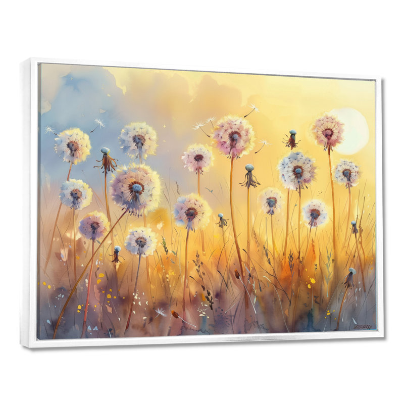 «Yellow Pink Spring Symphony Dandelion - Pissenlit», reproduction d'art mural, Cadre flottant blanc, H 30 po x l 40 po