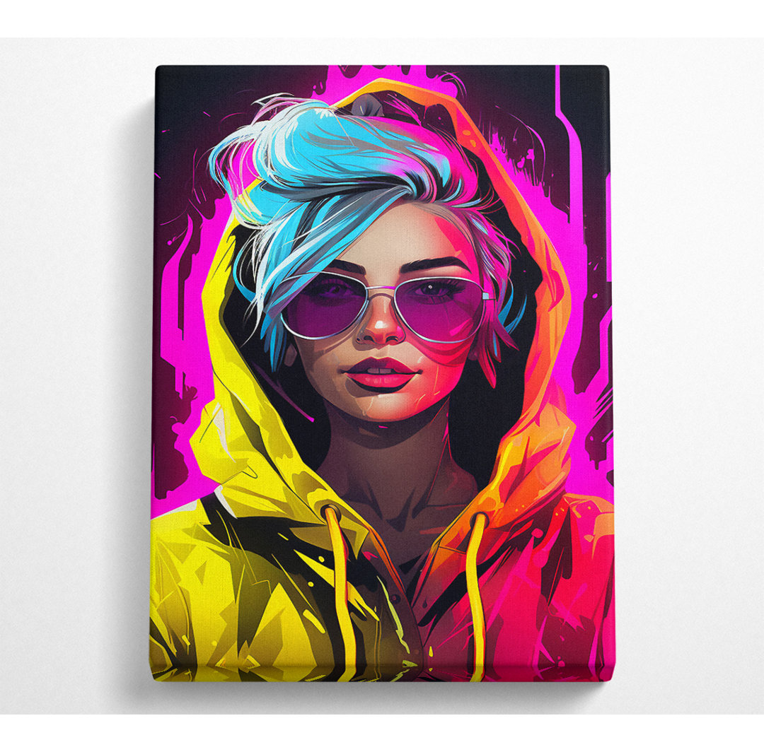 Cyberpunk Girl Gelber Kapuzenpulli - Kunstdrucke auf Leinwand