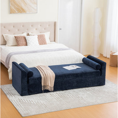 Banc moderne de 90,55 po de largeur, banc de côté avec accoudoirs, méridienne en chenille avec 2 traversins, convient aux salons, aux entrées, aux dortoirs et aux chambres à coucher, bleu marine