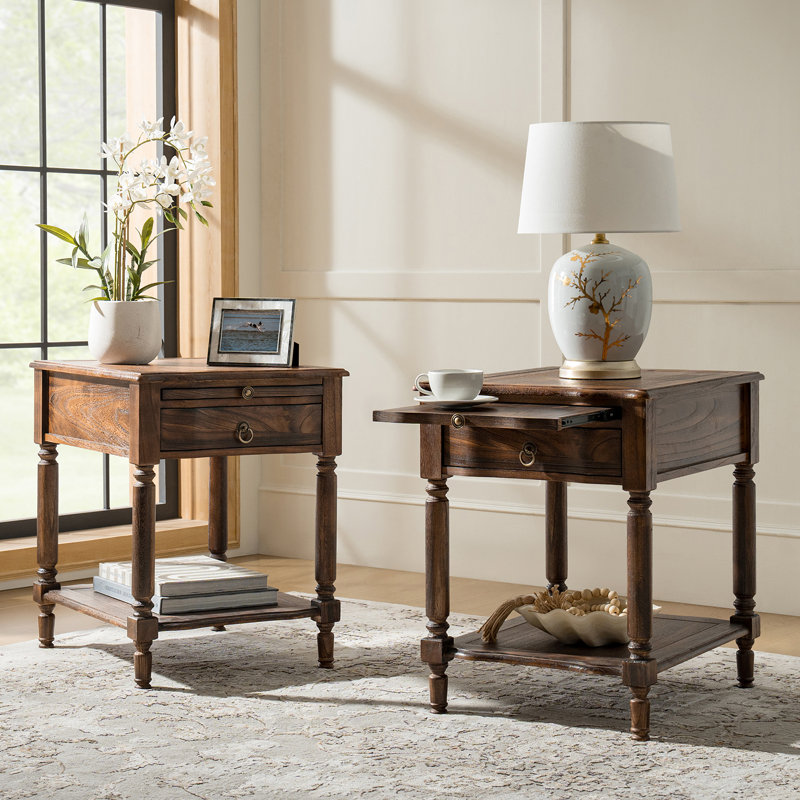 Sessoms Traditional 20"W Solid Wood 1-Drawer End Table with Built-in Charging Station, Walnut