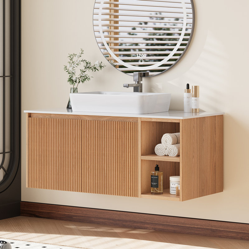 36" Single Floating Bathroom Vanity with Sink, Wall Mounted Vainty with White Sintered Stone Vanity Top, Ceramic Basin, Open Shelves and Cabinet