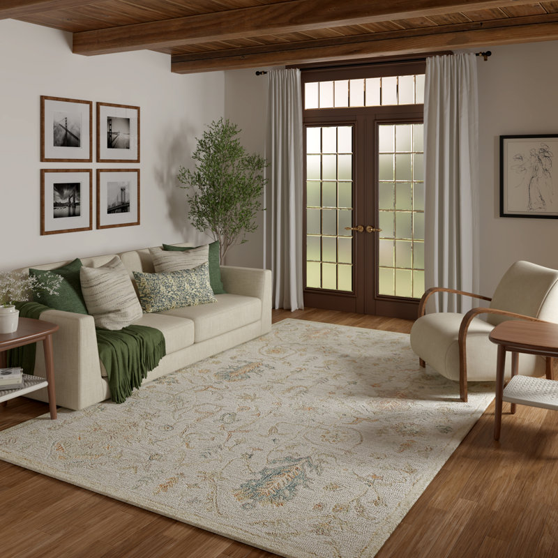 Tapis crème / bleu en laine fabriqué à la main à motif floral traditionnel, Rectangle 9 pi x 12 pi