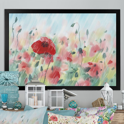 " Red Poppy Field Under The Rain "