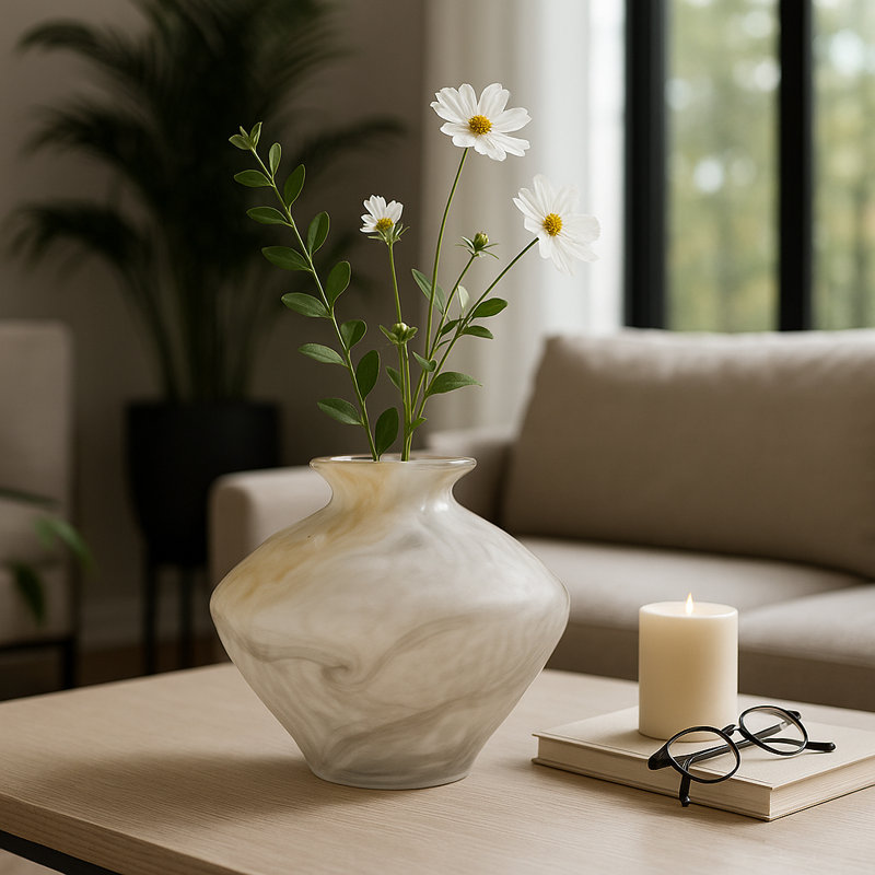 Contemporary Swirl Pattern Glass Vase For Home Decor - Decorative Flower Vase Perfect For Table Centerpiece, Entryway, And Living Room Decor - 10", Ivory