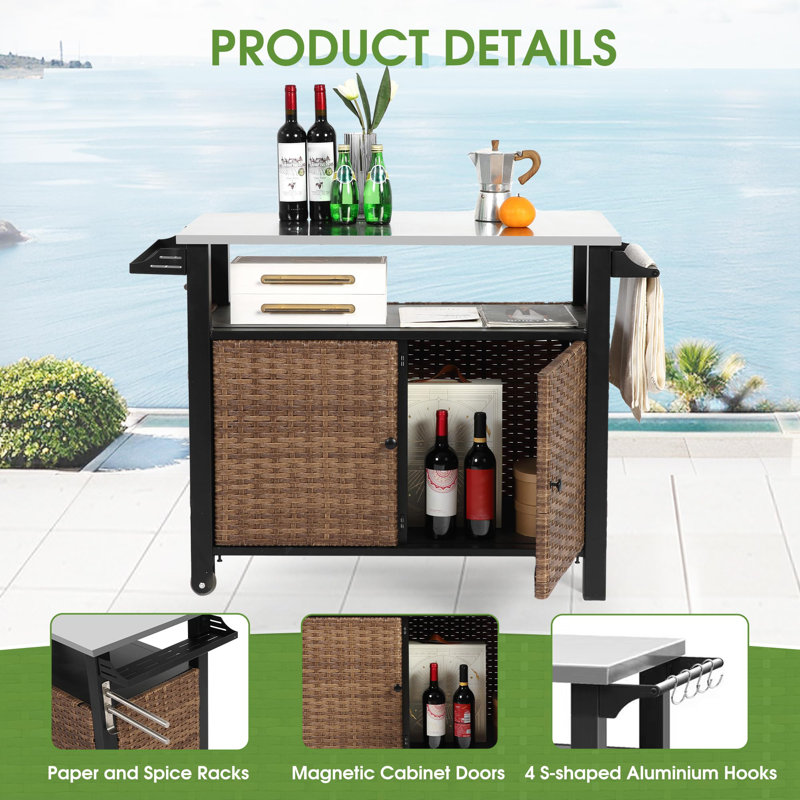 Station de préparation extérieure pour barbecue en osier et table de service en acier inoxydable avec roulettes