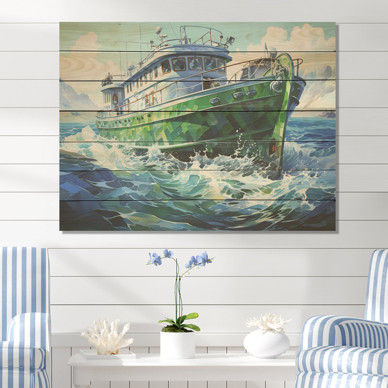 Croisière cubiste verte - bateau côtier sur bois, H 10 po x l 20 po x P 0,78 po