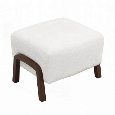 Boucle Upholstered Ottoman, Wooden Legs