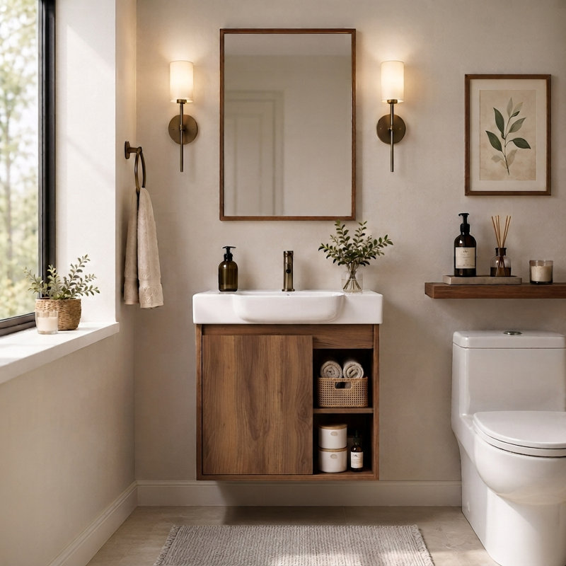Meuble-lavabo mural de 61 cm (24 po) avec lavabo en céramique, fini noyer, armoire en contreplaqué, 1 porte et 2 étagères ouvertes