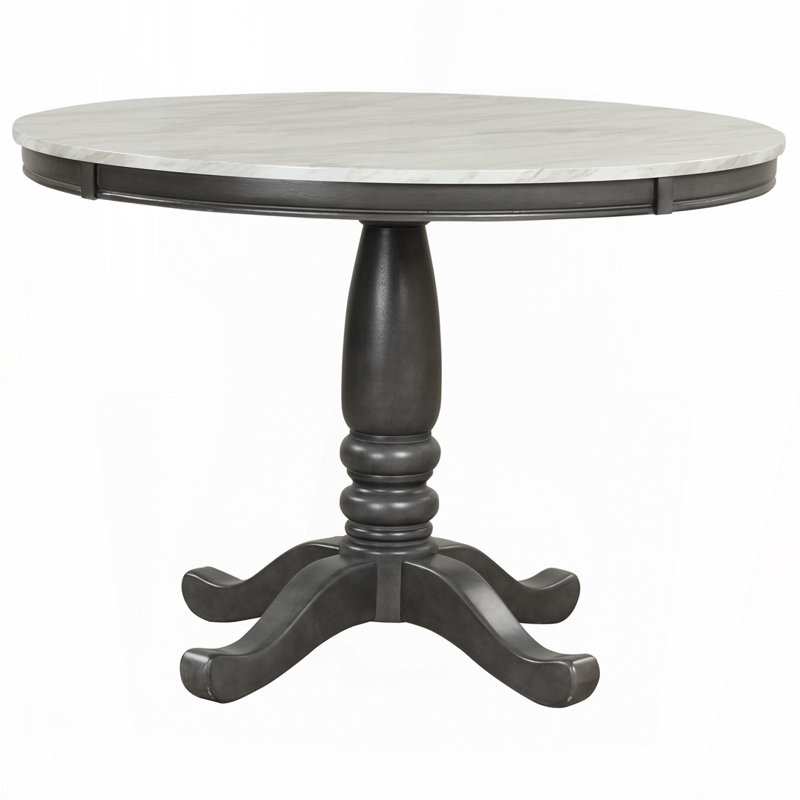 Table de salle à manger en bois massif - Plateau en faux marbre avec pieds en bois d'hévéa, ronde de 41,7 po