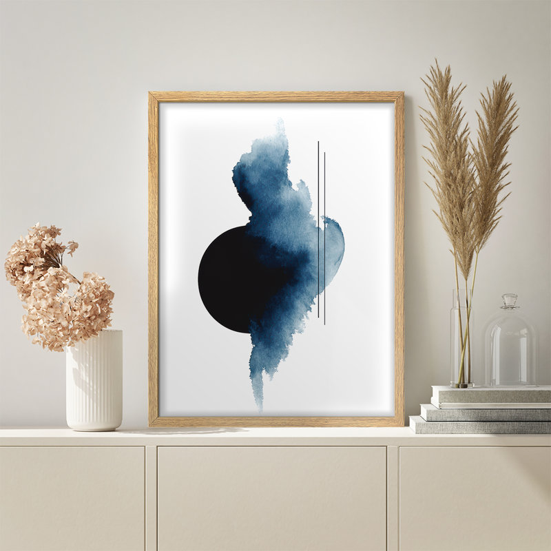 Reproduction d'art géométrique abstraite bleue - aquarelle minimaliste encadrée, Naturel, H 16 po x l 12 po