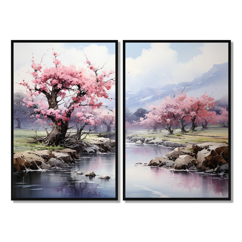«China Art Spring Blossom I», ensemble d'art mural global de 2, Impression encadrée flottante, Black, 36" H x 48" W