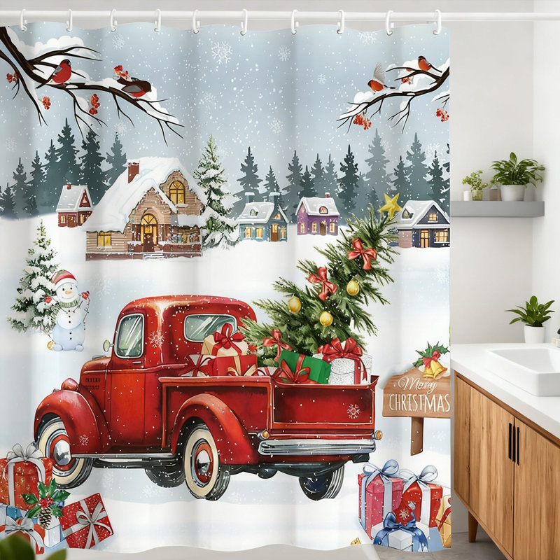 Rideau de douche de Noël, flocon de neige, camion rouge, rideau de douche imperméable 72 po x 72 po avec 12 crochets
