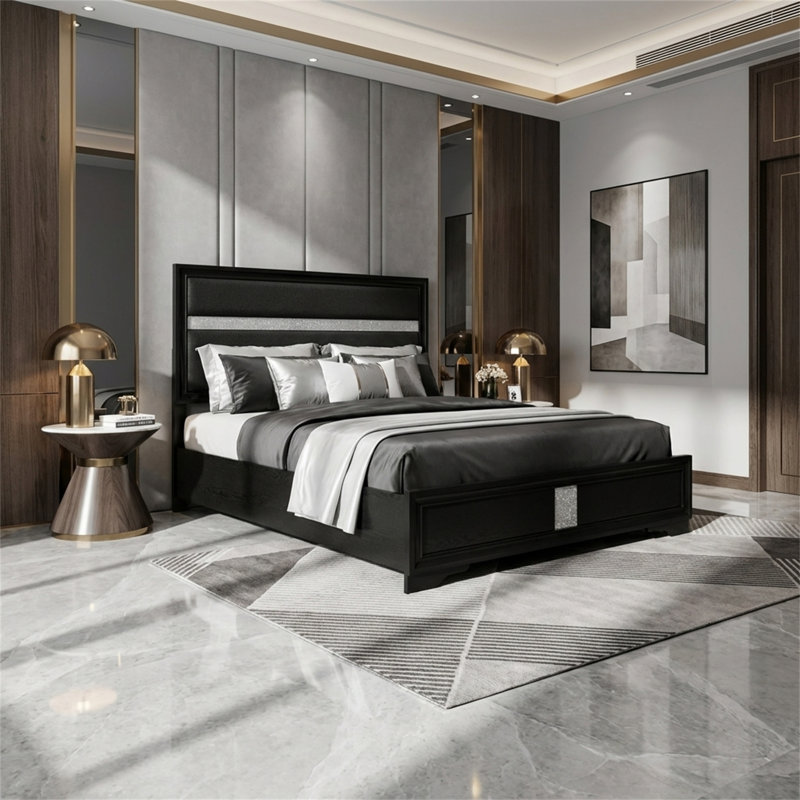 Cadre de lit grand, lit plateforme noir avec tête de lit tapissier, lit à cadre en bois, aucun sommier requis, style rétro