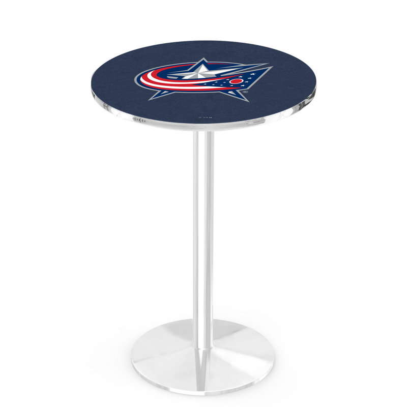 NHL Round Metal Base Dining Table, Chrome, Columbus Blue Jackets