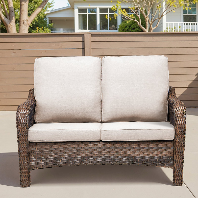 49.6 Inch PE Wicker Rattan Outdoor Patio Loveseat With Beige Deep Seat Cushions, Durable And Weather-Resistant For Year-Round Use