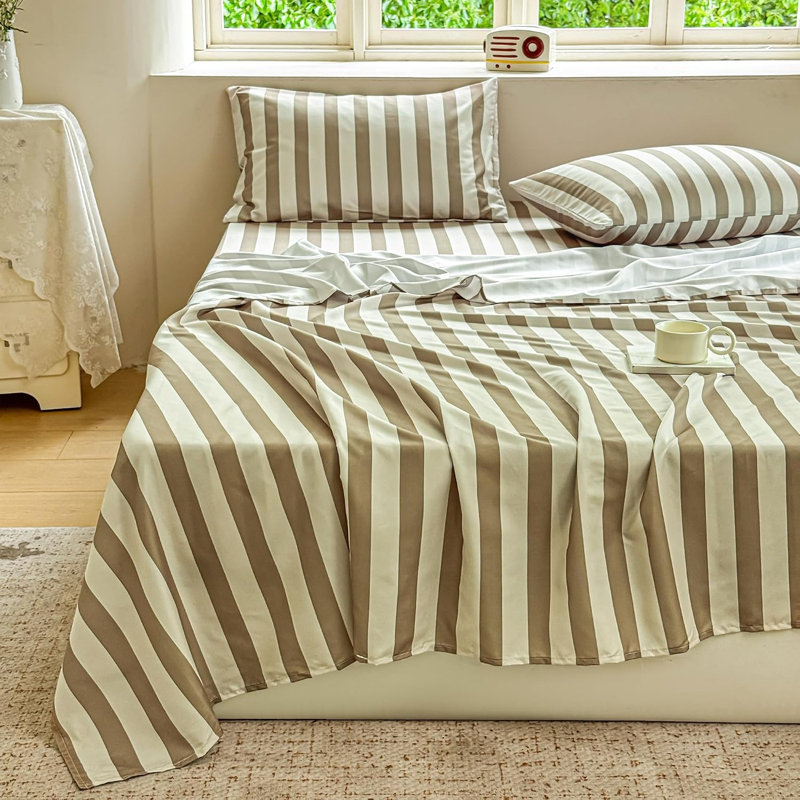 Draps en percale rayée, draps de lit en microfibre pré-lavés doux, ensemble de draps de ferme avec poche profonde, Lit double