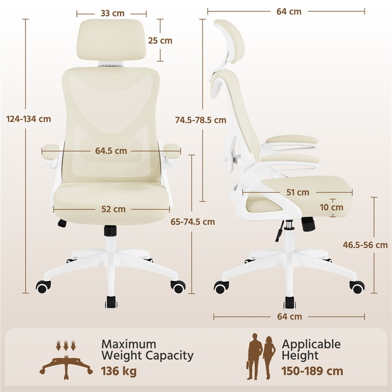 High Back Mesh Swivel Ergonomic Task Office Chair with Flip-Up Arms, White/Beige