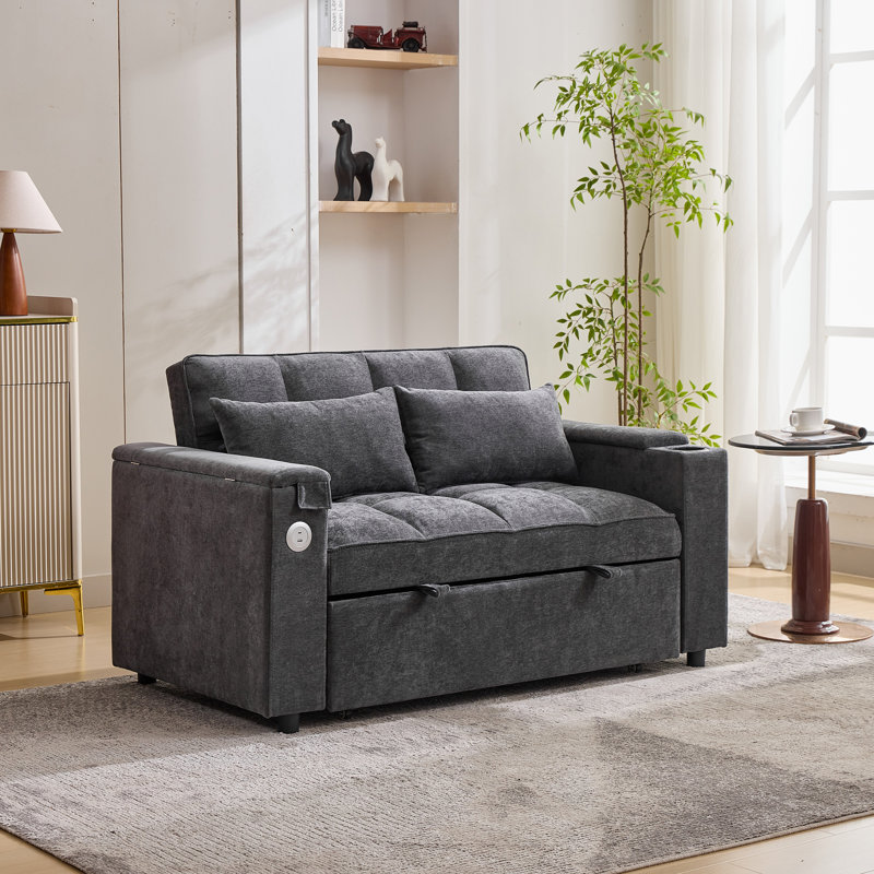 2 Seater Pull Out Sofa Bed with 3-Position Adjustable Backrest, Convertible Fabric Sofa Bed with USB & Type-C Charging, Hidden Side Table and Cup Holder