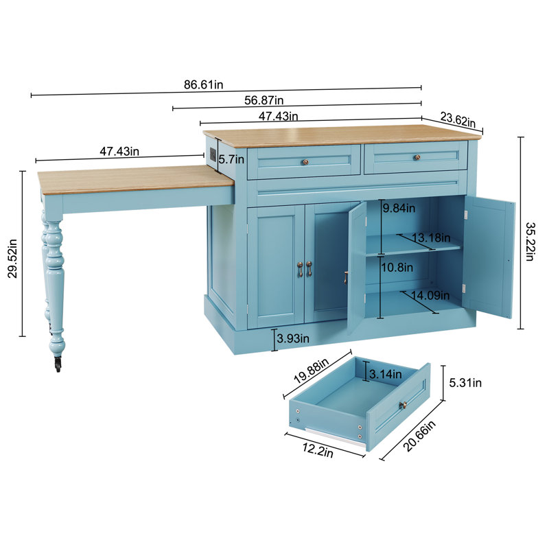 Kitchen Island with Retractable Table, Built-in Charging Station, and Lockable Wheels, Blue