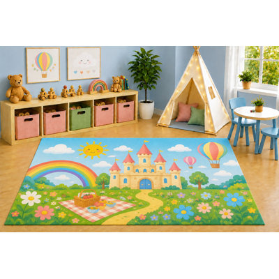"Ultra Lightweight" 5'x7' Fairytale Castle Picnic Area Rug, Rainbow Hot Air Balloon Floral Garden Kids Playroom Nursery Bedroom Rug, Non-Slip Silicone Backing Low Pile