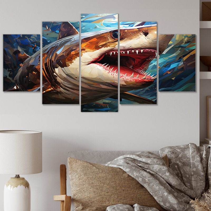 Requin bleu prédateur Glare II géométrique - animaux, reproduction d'art murale - 5 panneaux
