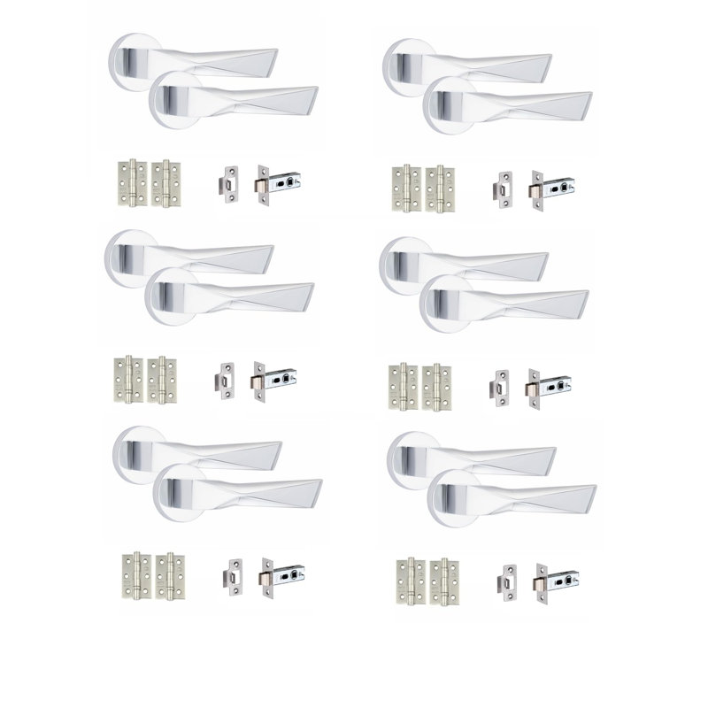 6 Sets Modern Aura Design Premium Door Handles on Round Rose in Polished Chrome with 2.5" Latch and 1 Pair of Ball Bearing Hinges