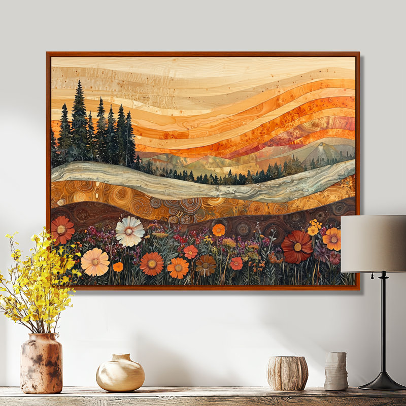 «Gobrias Wildflowers Farm Landscape Of Autumn River III», art mural fleurs sauvages, Brun, H 12 po x l 20 po