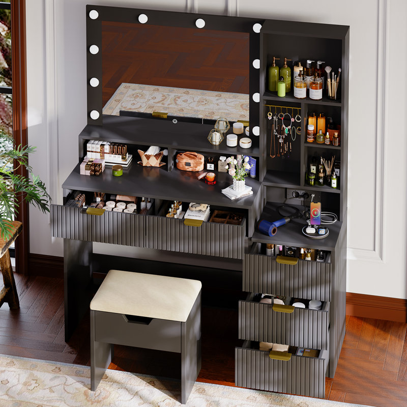 Dressing Table With USB Charge Make-up Desk Multi-storage Vanity Table, Black