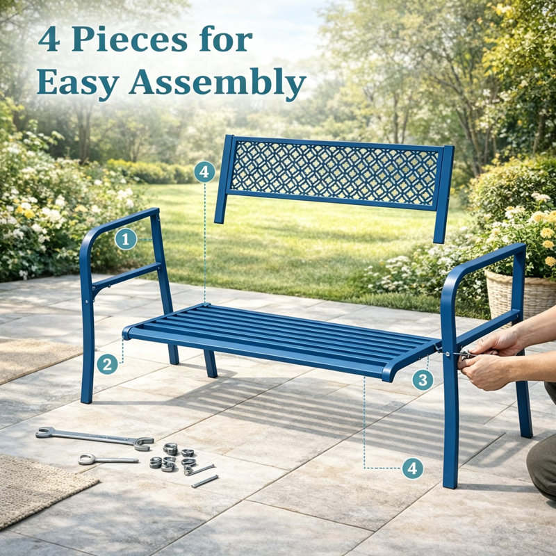 Garden Bench for 2 Persons, Heavy Duty Steel Patio Bench (790 lbs Capacity), Weather Resistant Seating with Geometric Backrest, Outdoor Furniture for Yard