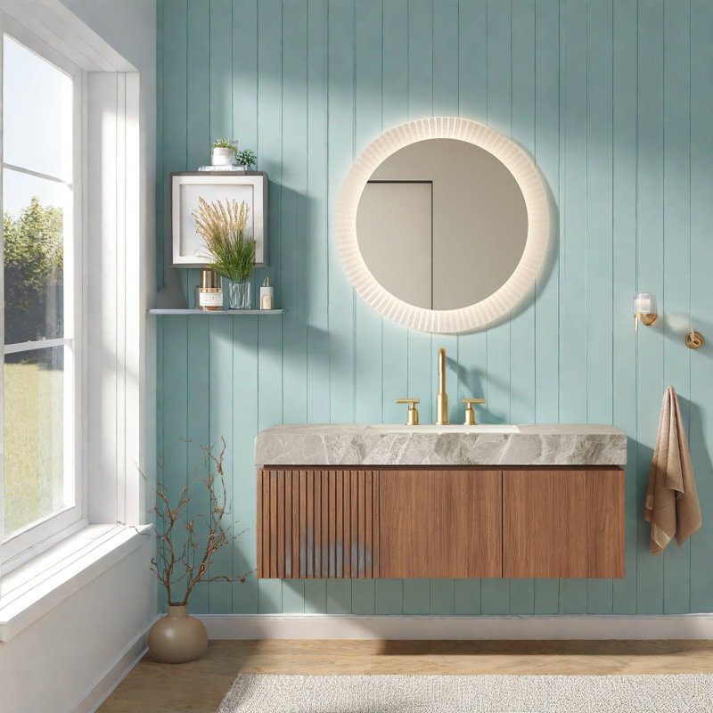 Meuble-lavabo et lavabo en chêne brun moderne, plateau en pierre frittée durable pour salles de bain élégantes
