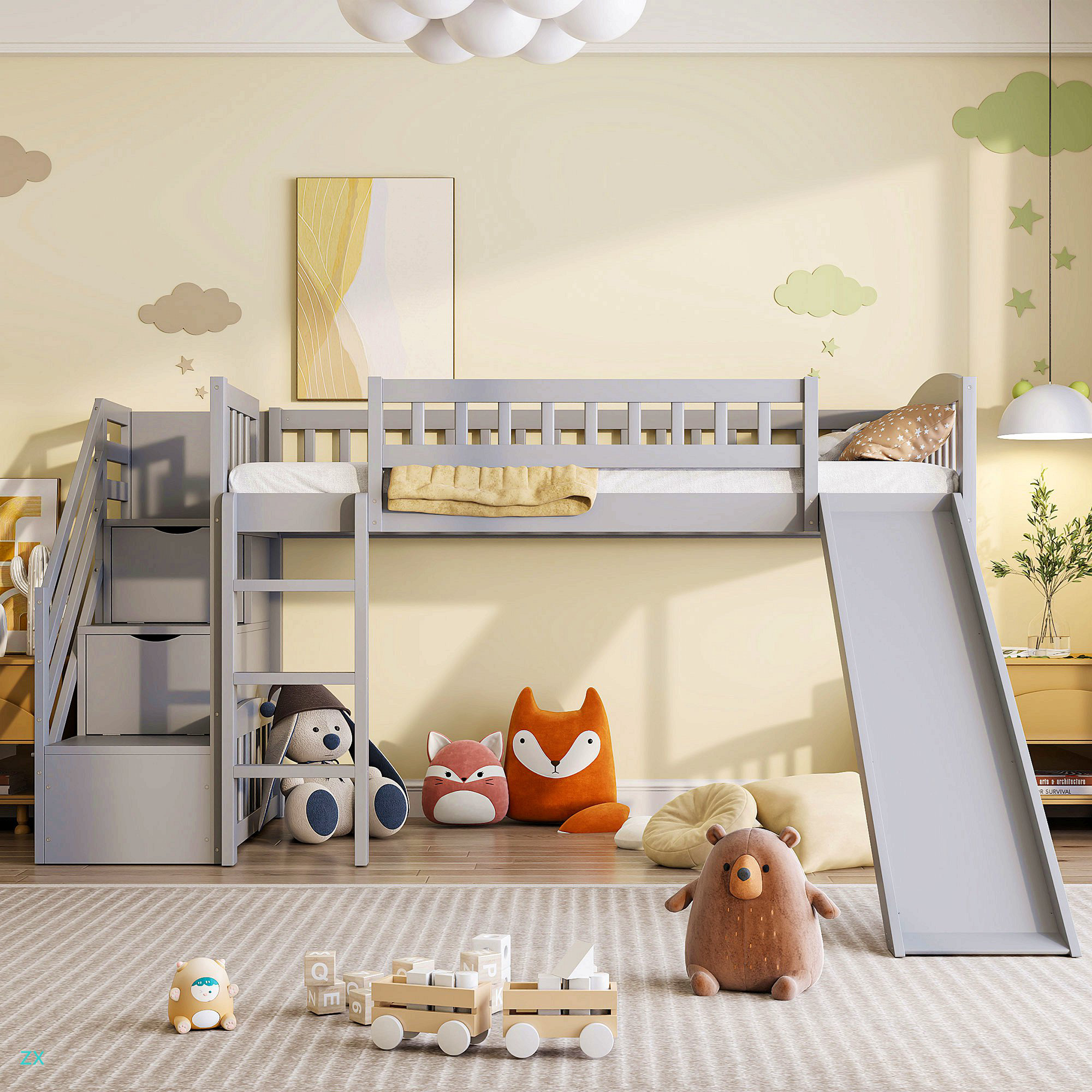 Harriet Bee Stairway Twin Size Loft Bed With Two Drawers And Slide ...