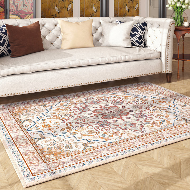 Living Room Rug 5x7 ft Light Red Area Rug Machine Washable Rug, Non Slip Vintage Rug Stain Resistant Indoor Large Carpet for Bedroom, Distressed Retro Floor Rug for Classroom, Dorm, Dining Room