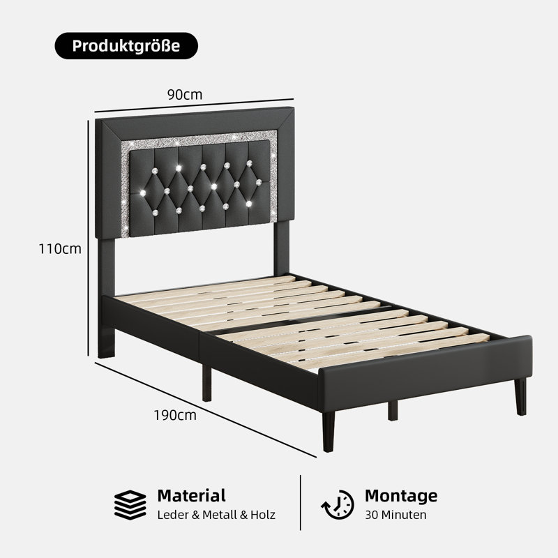 Upholstered Faux Leather Bed, 90x190, Black