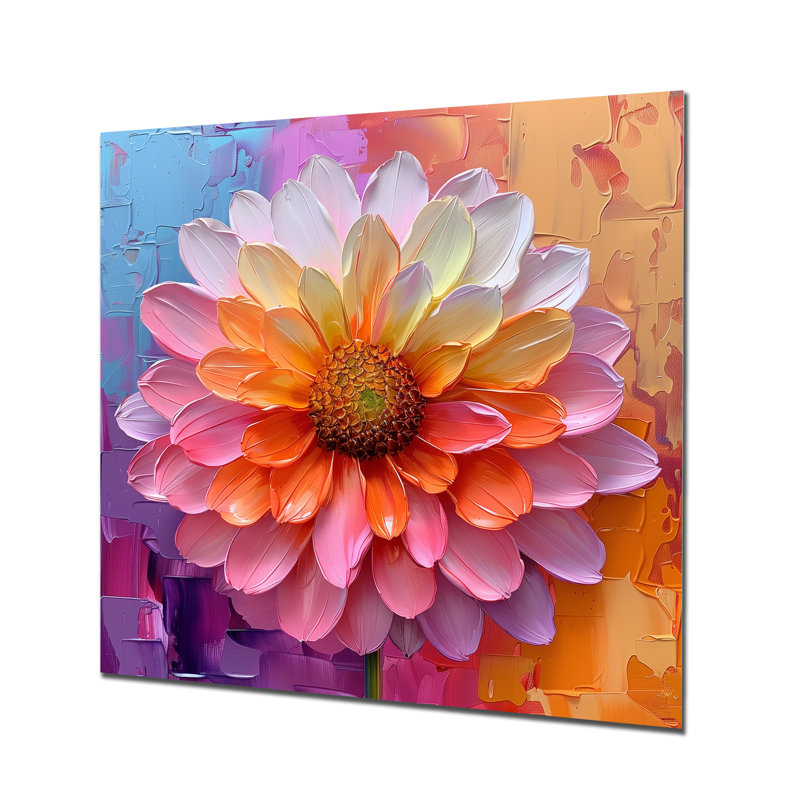 «Dahlia II», art mural rose et orange vif, Métal métal, H 16 po x l 16 po x P 1 po