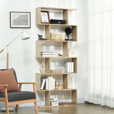 75.5"H Bookcase 6 Shelf S-Shaped Bookshelf Wooden Storage Display Stand Shelf Organizer Free Standing