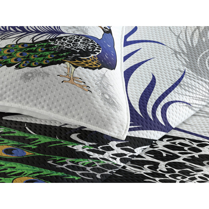 White Twin Quilted Bedspread Set with Peacock Design