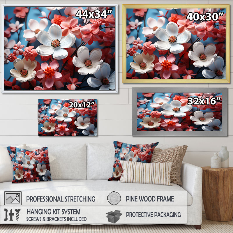 Fleurs de cornouiller blanches et roses sur toile, Cadre flottant blanc, H 12 po x l 20 po x P 1 po