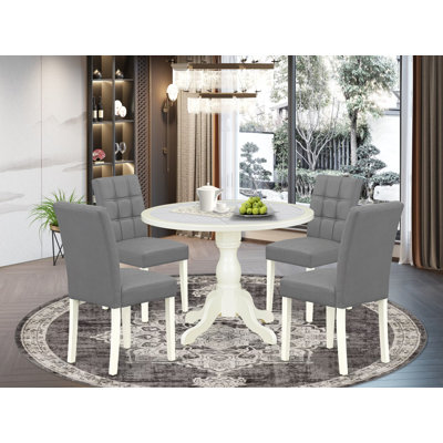 L'ensemble de salle à manger de style Mid-Century moderne comprend une table ronde et 4 chaises en tissu de polyester gris platine de style Mid-Century avec dossier élégant - Lin blanc   