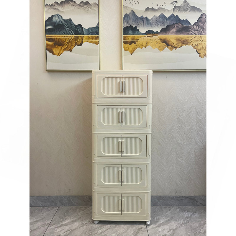 Blanc crème, armoire de rangement pliante latérale large de 19,69 po, 5 niveaux, 19,69 po x 11,81 po x 50,00 po, bacs de rangement pliables avec porte magnétique, armoire de rangement en plastique avec roues