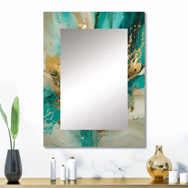 Gold And Green Unveiling The Energy IV - Modern Rectangular Wall Mirror, 32" x 24"