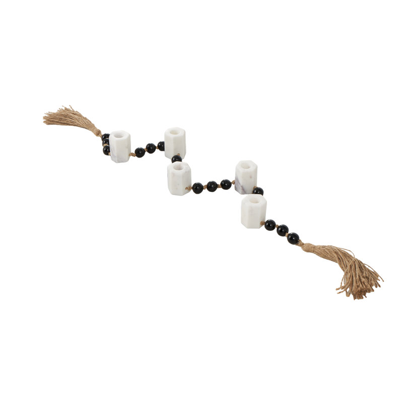 Cole And Grey Marble Garland Decorative White Candle Holder With Brown Tassel And Black Beads, 2.1" H x 51" W x 2" D