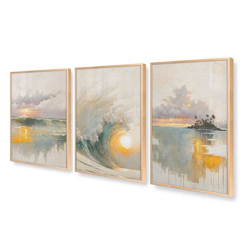 Golden Waves at Sunset, ensemble de 3 impressions dans un cadre, Érable brut encadré, H 17,5 po x l 25,5 po x P 1,25 po