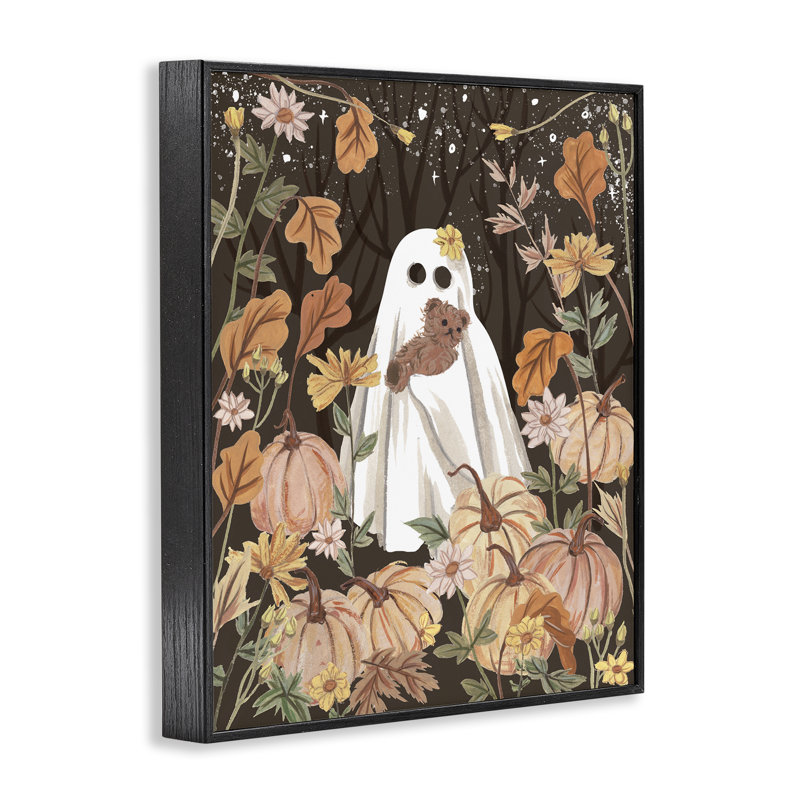 «Pumpkins & Ghost with Teddy Bear», art de la giclée encadrée, design par Melissa Wang, H 14 po x l 11 po