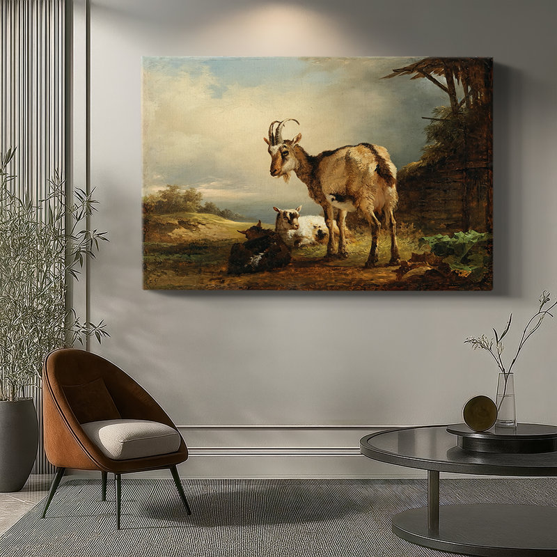 Chèvres dans un paysage - Peinture sur toile tendue par Gauermann - c. Milieu du 19e siècle, 12 x 18