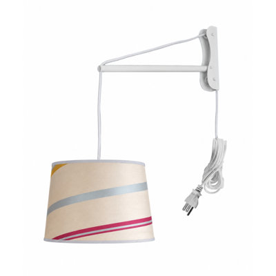 MAST Plug-In Wall Mount Pendant, 1 Light White Cord/Arm, 14" Juliette Striped Raw Silk Drum Shade